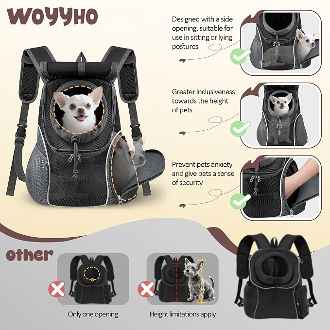 WOYYHO Pet Dog Carrier Backpack with Windows Ventilated Dog Backpack | Top & Side Windows, Ventilated Design, Safety Belt, Small Dog Front Backpack, for Travel Hiking Outdoor, Upgraded Black, M