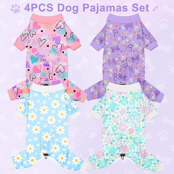 Bienbee Dog Pajamas, 4 Pack Adjustable Onesies for Small to Large Dogs L | Dog Shedding Suit with Soft Fabric, Breathable & Stretchy, and Adjustable Back Length for Sleeping Lounging and Daily Use