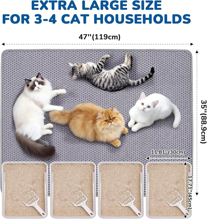 Cat Litter Mat 47" x 35" XL, Washable Urine-Proof Non-Slip Gray | Machine Washable, Upgraded Felt & Fabric Material Litter Mat for Fewer Creases, Hold 3-4 Litter Boxes, Soft on Paws