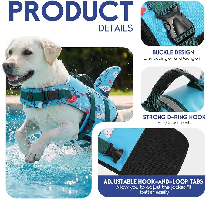 ASENKU Dog Life Jacket - Pet Safety Vest for Swimming & Boating, Shark Life Jacket with Floatation, Dog Lifesavers Swimsuits for Small Medium Large Dogs (Ocean, L)