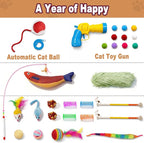 31 Pcs Interactive Cat Toys for Indoor Cats, Cat Tunnel with Moving Ball, Cat Toy Launcher, Catnip Toys, Chew Rope, Feather Wand, Springs and Balls for Indoor Kittens, White