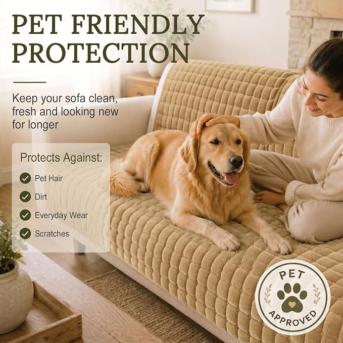Smiry Velvet Couch Cover for Dogs, Non Slip Soft Sofa Protector for Pets | Washable Sofa Cover for Cats, Cozy Furniture Protector Against Pet Hair, Scratches, Fits Sectional Sofa(Camel, 36"x71")