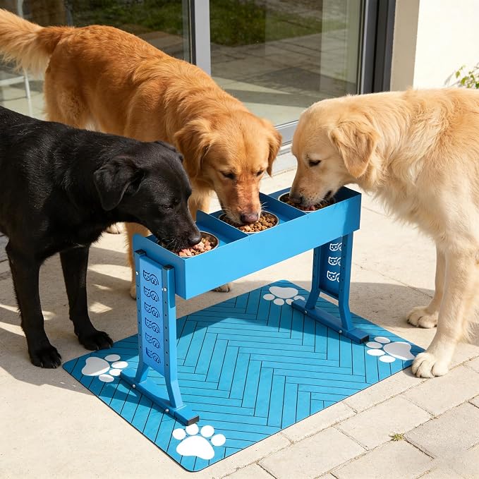 Triple Elevated Dog Bowls Stand for Dogs, Adjustable Raised Dog Bowl Stand with 3 Stainless Steel Bowls, 7 Heights & 3 Tilt Angles, Tall Dog Feeding Station for Large Medium Small Dogs, Mat Included