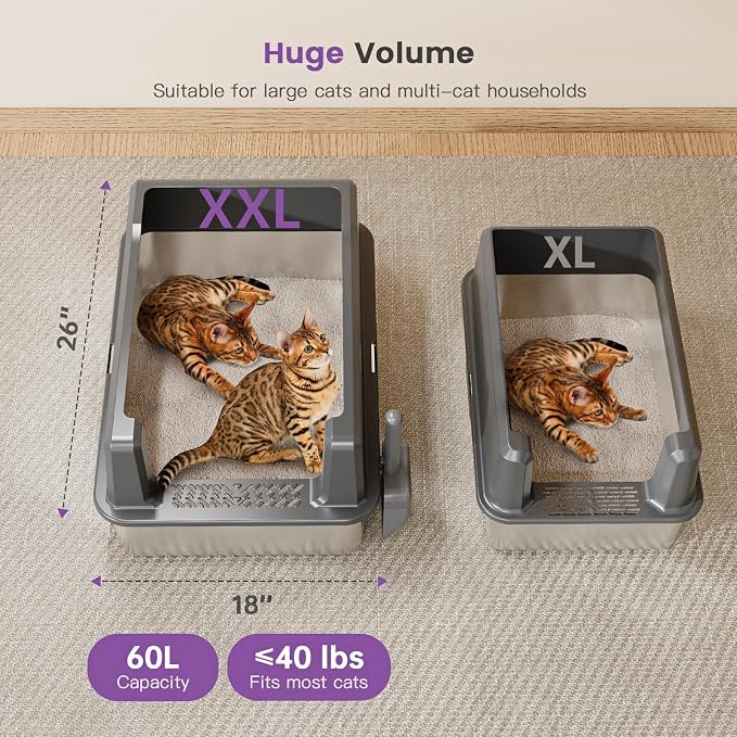 Stainless Steel Cat Litter Box with Lid, 26 x 18 x 12 in | XXXL Enclosed Cat Litter Boxes with Lid for Big Cats,High Sided, Anti-Urine Leakage Bottom Includes Litter Mat & Scoop