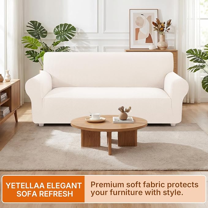 XINEAGE Stretch 3 Seater Slipcover, Non-Slip Pet Couch Cover,Beige White | Washable Furniture Protector, Elastic Bottom, Dogs & Cats Friendly, Scratch-resistant, Fast Setup, High Elasticity