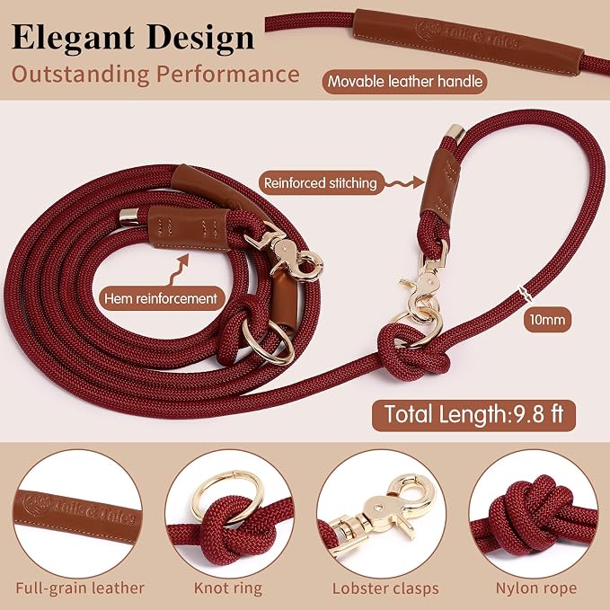 Hands Free Multifunctional Dog Leash for 1 or 2 Dogs, 9.8 ft, Winery Red | Waist, crossbody, or handheld lead with leather handle to walk run hike train. Double attachments for 2 dogs up to 125lbs.