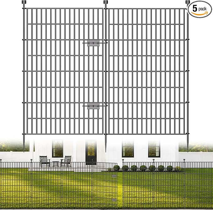 No Dig Garden Fence Outdoor for Yard, 48in (H) x 11.8ft(L) | 5 Panels with Gate Animal Barrier Fence, Rustproof Metal Temporary Dog Fence, Decorative Fencing for Patio, Flower Bed