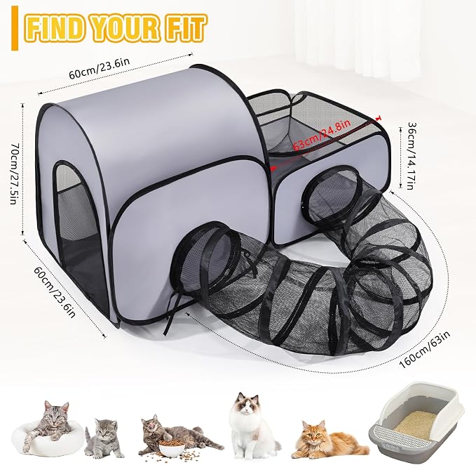 Tailtastic Indoor/Outdoor Cat Playpen with Surround Tunnel 2 Zones Grey | escape-proof enclosed enslosure,lightweight foldable for travel, ideal for indoor cats, multi-cat homes & birthing