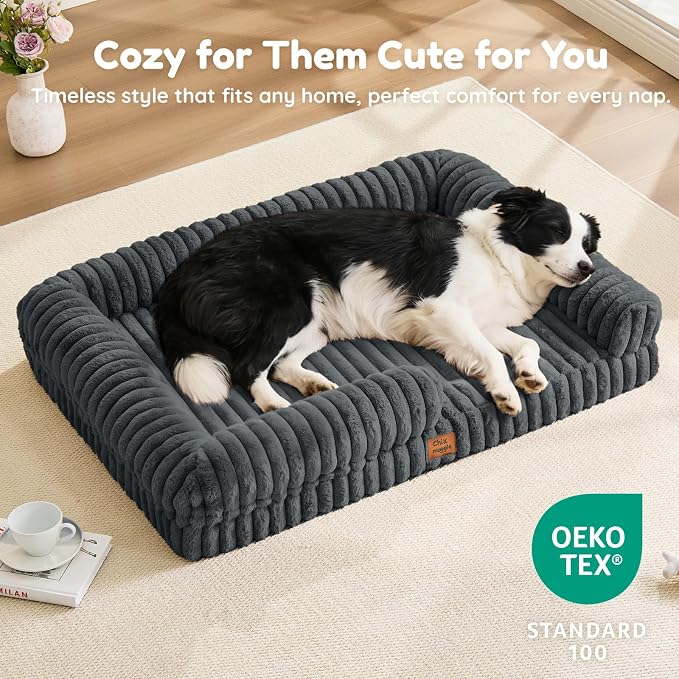 ChiXnuggle Faux Fur Orthopedic Dog Bolster Bed, Waterproof Washable Cover | rectangular dog sofa couch,egg crate foam,non-slip bottom,for extra large dogs,dark grey,41*30*7