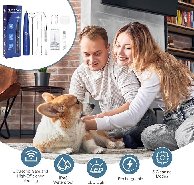Upgraded Plaque Remover for Teeth, Electric Pet Teeth Cleaning Kit, USB Charging Dog Tooth Brushing Kit, 5 Modes, IPX6 Waterproof Pet Ultrasonic Toothbrush Cleaner for Dogs Cats (Blue)