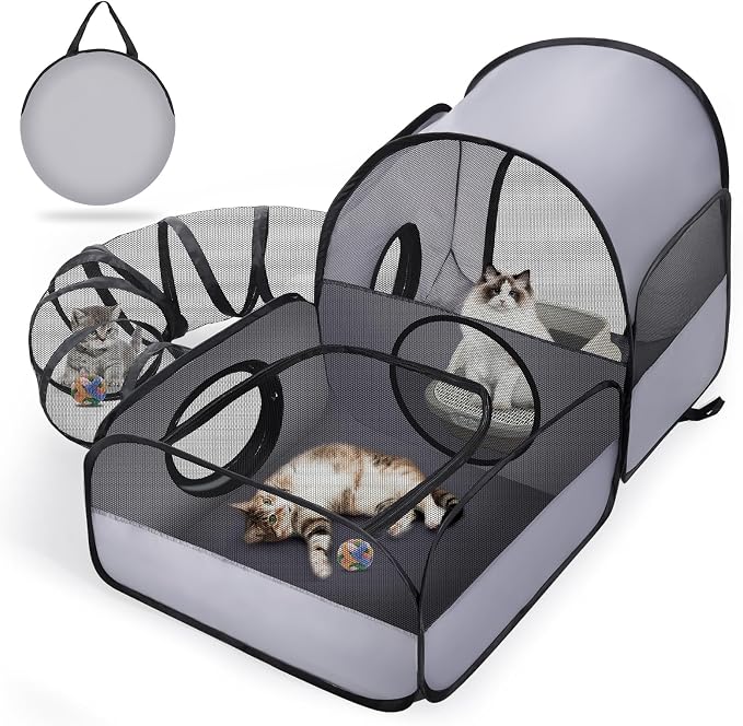 Tailtastic Indoor/Outdoor Cat Playpen with Surround Tunnel 2 Zones Grey | escape-proof enclosed enslosure,lightweight foldable for travel, ideal for indoor cats, multi-cat homes & birthing