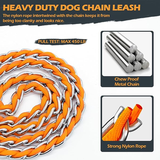 Chain Dog Leash Chew Proof Metal Leash for Medium Large Dogs, Chain Link Dog Anti Chew 5.2FT / 4FT Strong Anti Bite Comfortable Soft Padded Handle (Orange, 5FT(80-150lb))
