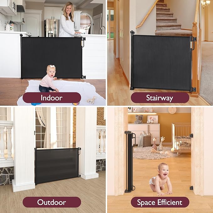 Momcozy Extra Wide Retractable Mesh Baby Gate, Black | 33-Inch Tall, Extends to 71-Inch Wide, for Stairs, Doorways, Hallways, for Pet Dogs and Cats, Indoor/Outdoor Baby Gate