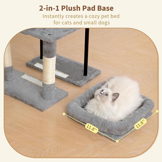 Heybly Cat Tree, 45.3" Cat Tower for Indoor Cats with Large Perch HCT202SW | All-in-One Cat Furniture with Cozy Bed, Hidden Space Cat Condo, Comfy Hammock, Scratching Posts & 3 Pompoms, Light Gray
