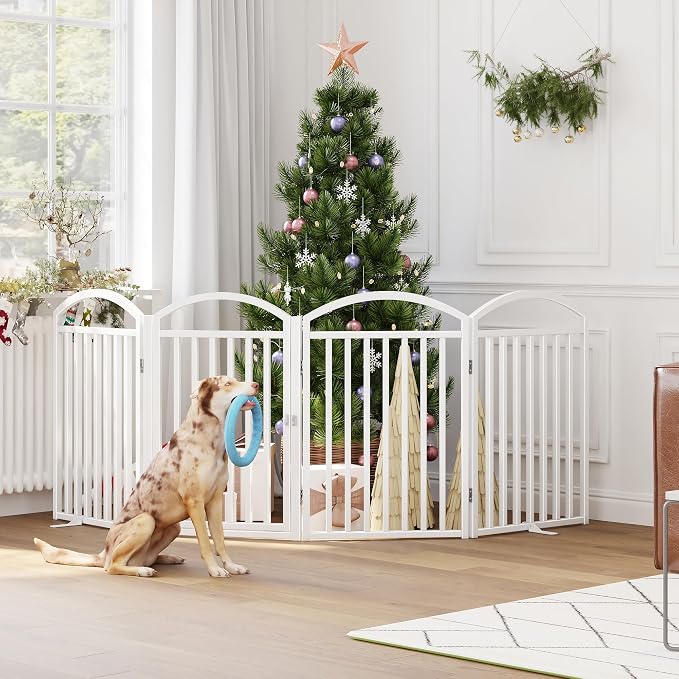 Foldable Pet Fence 96" Wide, 32" Tall,No-Assembly Dog Gate with Door,White | 4 Panels Metal Folding Freestanding Dog Gate Walk Through,Extra Accordion Puppy Folding Playpen for Doorways, Stairs,House