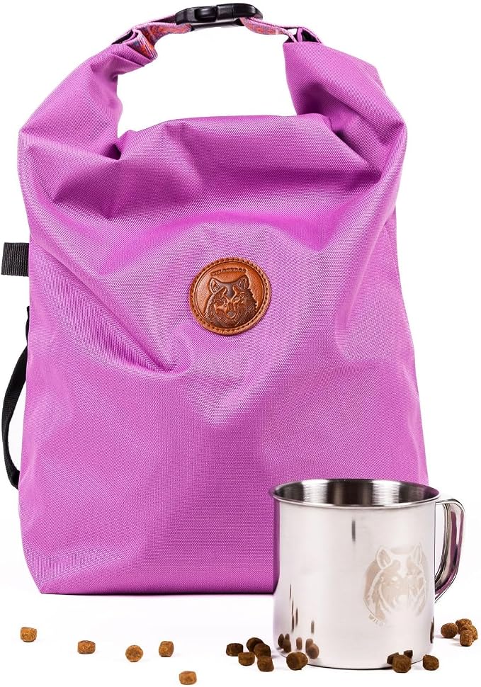 Wilderdog Doggie Bag - Water Resistant, Portable Kibble Carrier & Stainless Steel Mug - Lilac