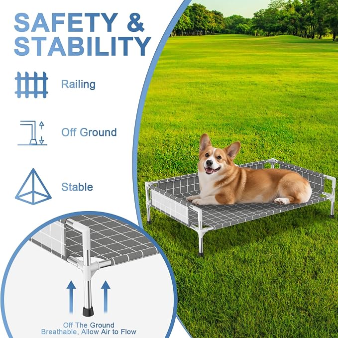 Elevated Dog Bed with Guardrail, Raised Pet Bed for Small Medium Dogs | Rust-resistant stainless steel frame with safety fence & soft cotton fabric. Anti-slip feet for secure indoor and outdoor use
