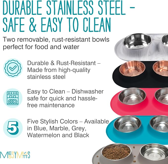 Messy Mutts Double Silicone Dog Feeder, Stainless Bowls, Medium, Blue | Non-Slip Silicone Double Dog Feeder With Two Removable Stainless Steel Bowls For Food And Water