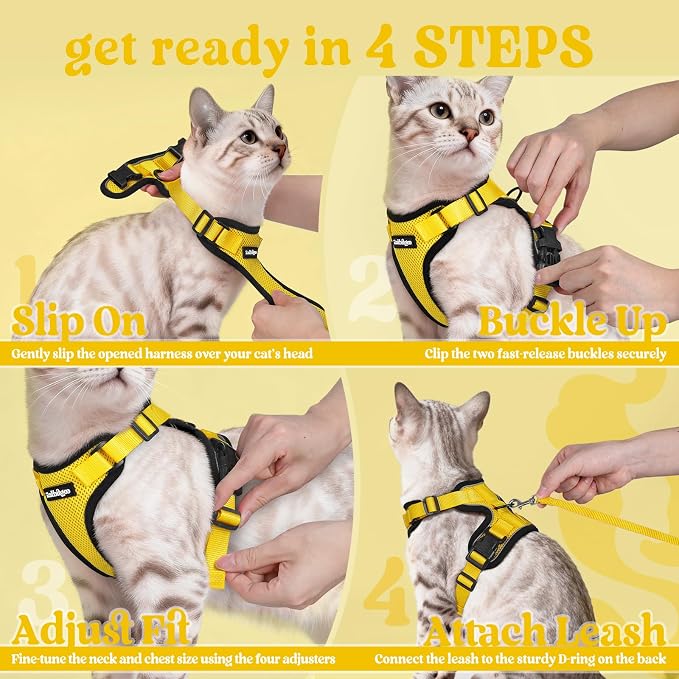 rabbitgoo Cat Harness and Leash Set, Escape Proof Vest, Yellow | Soft Breathable Mesh, Easy Adjustable Fit, Snap Buckles, Sturdy Clip, Reflective Strips, for Average Cats Walks, S