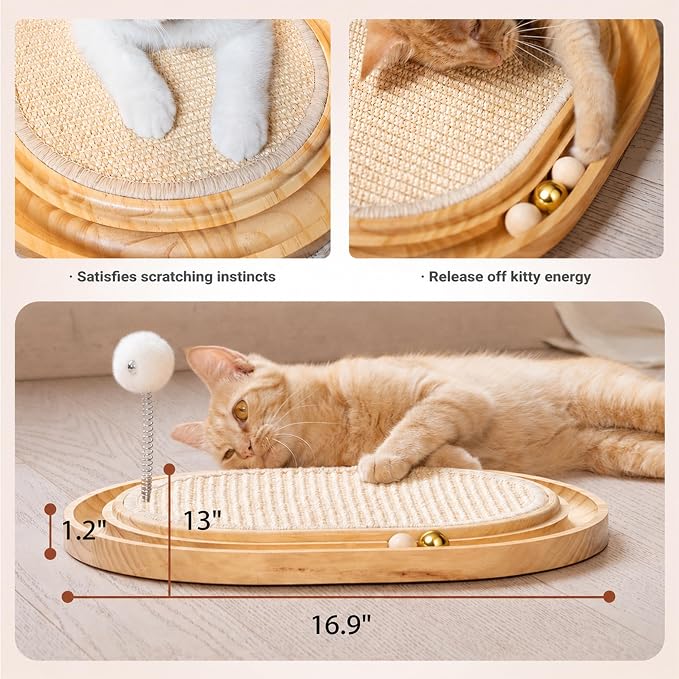 Sisal Cat Scratcher Pad, Wooden Interactive Cat Puzzle Toy | Sisal Scratching Pad with Ball, Kitten Mental Stimulation, Self Play, Home Enrichment, Physical Exercise, Natural Sisal