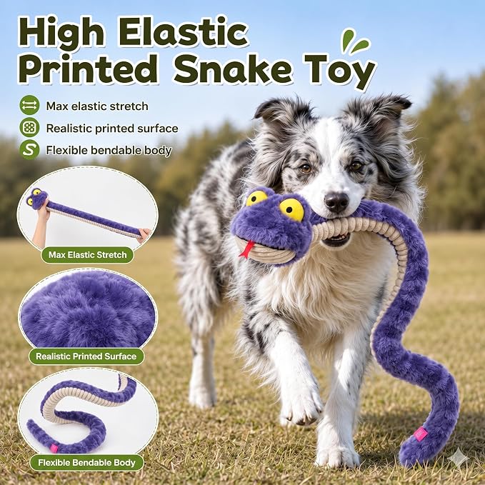Squeaky Dog Plush Chew Toy, Interactive Tug Squeaky Toy for Chewers, Medium & Large Dogs & Fetch Play, 39.4 in Stuffed Silly Snake Toy with Elastic Stretchable Body for Gentle Gum Care&Boredom Relief