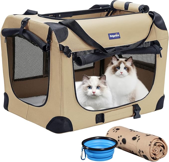Petprsco Portable Collapsible Dog Crate, 24" Soft Dog Crate for Car Travel | Small Dog Crate Kennel 24”*17”*17” with Soft Blanket and Foldable Bowl for Large Cats & Small Dogs Indoor and Outdoor Use