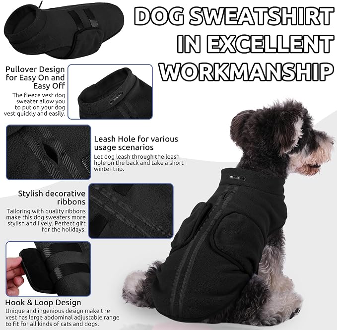 Queenmore Small Dog Sweaters, Soft Fleece Vest Pullover Pet Jacket with Leash Hole, Warm Winter Dog Clothes Cold Weather Doggy Dachshund Sweater for Small Dogs Cats Boy or Girl (Black, XS)