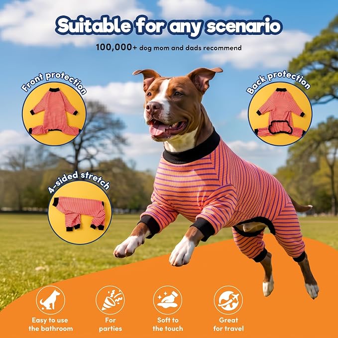 LovinPet Dog PJS Apparel for Medium Dogs, Pitbull Pure Cotton Pink Red and Purple Stripe Dog Shirt, 4-Legged Design, Full Body Coverage, Pajamas for Pitbulls, Onesies for Dogs, 2XL
