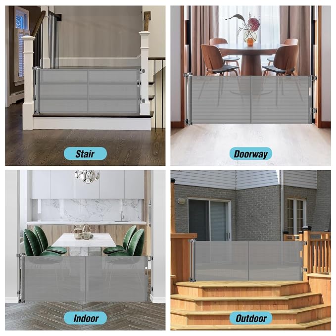 24 Inches Tall Retractable Baby gate for Dogs, Short Pet Gates to Step Over, Extends up to 55" Wide, Reinforced Mesh Doggie Gates for Indoors Outdoors Small Dog Gate for Stairs Puppy Gate (Grey)