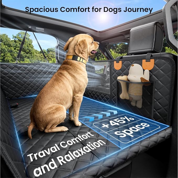 REEVAA Dog Car Seat Cover for Back Seat, Hard Bottom, L, Black+Orange | 450 lbs Extender, 45% More Space for 2-4 Large Dogs, Waterproof, Zippered Mesh Window, Fits for SUV Medium Truck