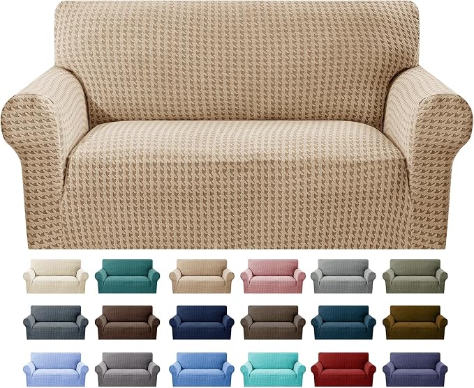 MAXIJIN Stretch Loveseat Couch Cover for 2 Cushion Couch (55"-69" Washable Sofa Slipcovers with Non-Slip Foam & Elastic Strap, Dog Cat Pet Friendly Furniture Protector (Medium, Khaki)