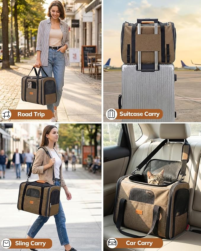 Morpilot Cat Carrier Soft for Large Medium Cats and Puppy up to 20lbs | with Dual-Sided Cushion, Secure Buckle and Foldable Bowl, Dog Carriers for Small Dogs - Pet Carrier (Brown)