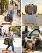 Morpilot Pet Carrier for Large Cats, Puppies & Small Dogs Up to 20lbs | Escape-Proof with Locking Zippers, Dual-Sided Cushion, Safety Buckle for Car & Vet Travel, Includes Foldable Bowl (Brown)
