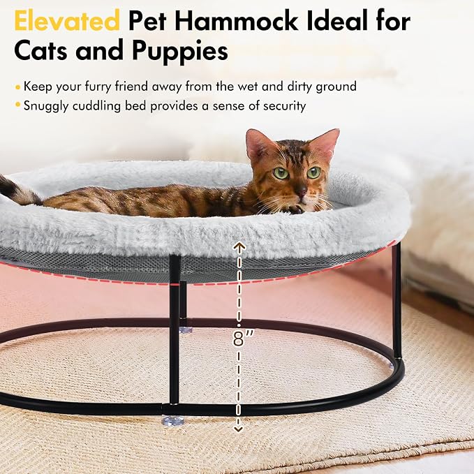 Zoratoo Elevated Cat Hammock, Fluffy Cuddle Cat Bed for Multiple Cats | Portable Raised Pet Bed, Sturdy Metal Frame, Detachable Washable Cover, Oval Shape Cuddle Bed for Sleeping Kittens
