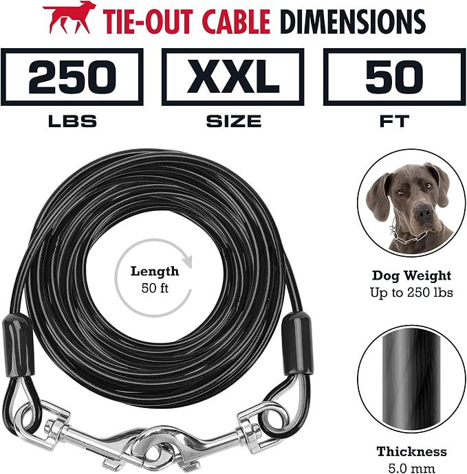 Tuff Pupper Dog Tie Out Cable, 50 ft Heavy Duty Lead for up to 250 lb Dogs | Extra-Strong Coated Steel Wire for Large Dogs; Water/Rust Resistant Yard Runner Line with 360-Degree No-Tangle Swivel Clips