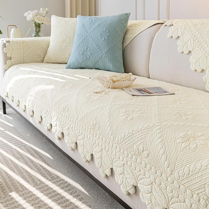 Cotton Quilted Dog Couch Cover for Sofa Farmhouse Rustic Embroidery Sectional Couch Cover Soft Anti-Slip Sofa Slipcover Furniture Protector for Kids, Pets (Ivory,43"x70")