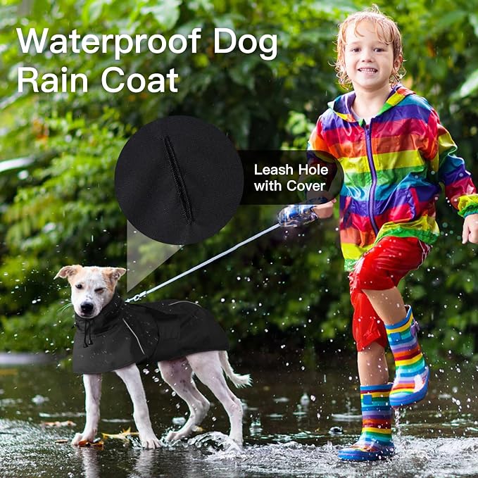 Large Dog Raincoat, Reflective Waterproof Rain Jacket with Convertible Hood/Collar, Lightweight Adjustable Dog Poncho with Leash Hole Full Coverage (Black, L)