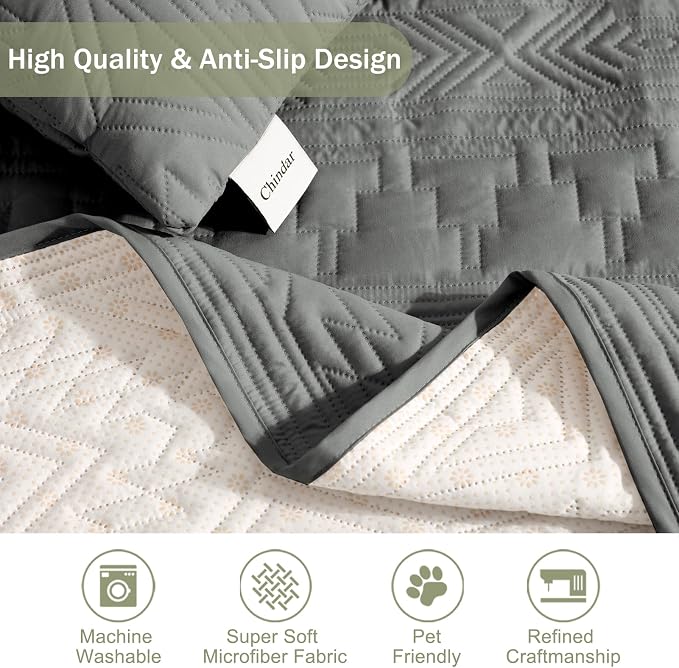 Boho Quilted Grand Sofa Covers Washable, Couch Cover for Grand Sofa, Soft Cozy Couch Protector for 4 Cushion Couch, Oversized Grand Sofa Slipcovers Water-Repellent (Grand Sofa 88", Gray)