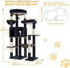 65" Cat Tree Tower, Anti-Tip Cat Condo for Indoor Cats VCT012G | Cat Furniture with Extra Wide Baseboard & Large Perch, 2 Hammocks, Cozy Condo, 7 Sisal Scratching Posts, Smoky Gray