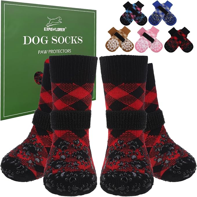 EXPAWLORER Dog Socks for Summer Hot Pavement to Prevent Licking Paws, Anti Slip Doggie Booties Grippy Shoes for Hardwood Floors, Boots & Paw Protectors for Small Medium Large Senior Dogs Red Black S