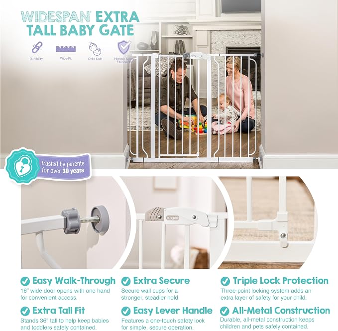 Regalo 36" Extra Tall and Wide Baby Gate, Bottom of Stairs & Doorways | Fits Openings 29"-49" Wide, Pressure Mounted with Door, For Babies, Toddlers & Pets, White
