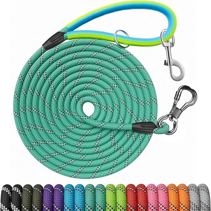 NTR Long Dog Leash, 100FT Check Cord with with 2 Swivel Hooks and Soft Rubber Handle for Pink Leash for Small Medium and Large Dogs Walking Training Hiking Camping Playing-Teal