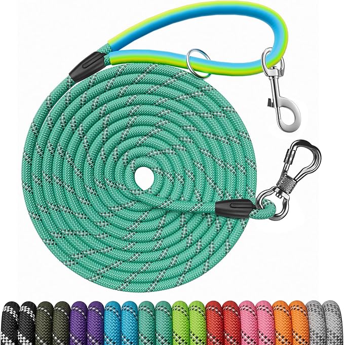 Long Dog Leash for Dog Training 10FT/15FT/20FT/30FT/40FT/50FT/100FT Reflective Leash with 2 Hooks, Heavy Duty Dog Lead for Large Medium Small Dogs Outside Walking Camping Yard,Teal 15FT