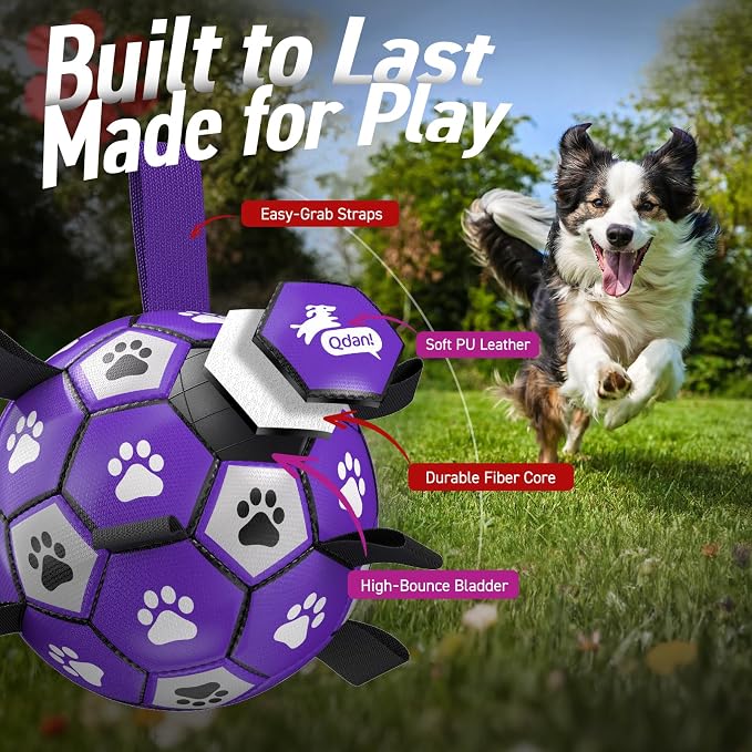 QDAN Soccer Ball for Dogs with Straps, Large Dog Balls, 8 Inch Puppy Toys | Outdoor Herding Balls for 30-90 lbs Dogs, Interactive Soccer Toy for Interactive, Dog Ball Toy to Keep Them Busy, Purple