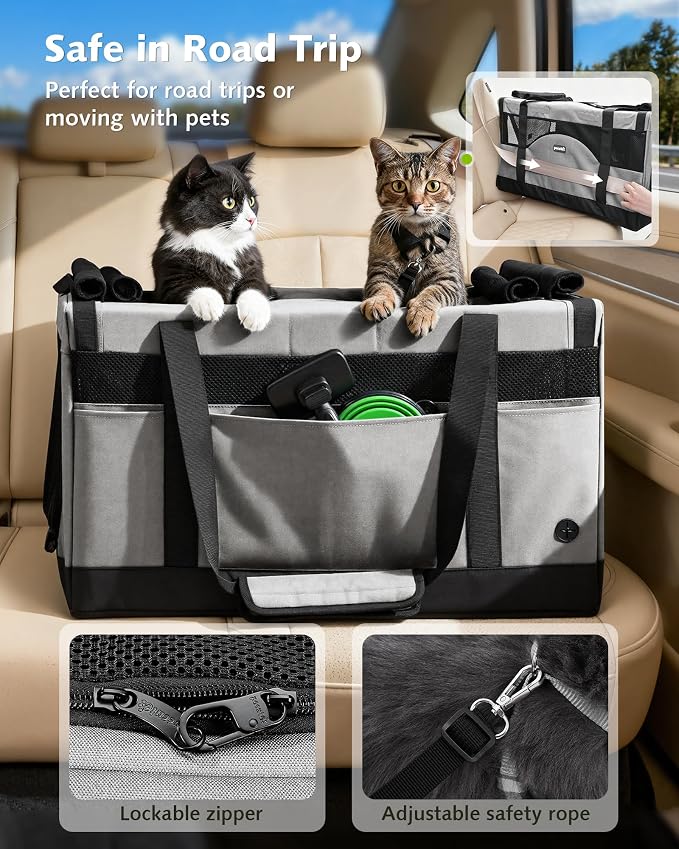 Pecute Cat Carrier, Soft Double Pet Crate for 2 Cats Travel, Gray | Anti-Collapse Steel Frame, Convertible Dual Space, Foldable, Polyester Breathable mesh, Up to 26 lbs, Car Travel & Vet Visits