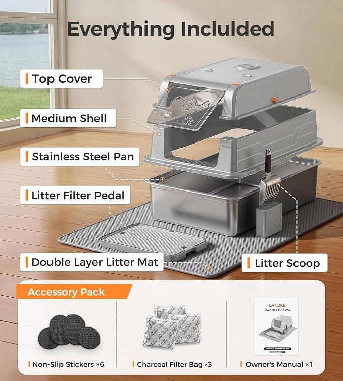 CATLIKE 2026 Upgrade 152L XXXL Stainless Steel Cat Litter Box - 3-Layer Urine Leak-Proof, Enclosed Design w/Charcoal Filter for Maine Coon & Multi-Cat Homes, Includes Metal Scoop & Mat