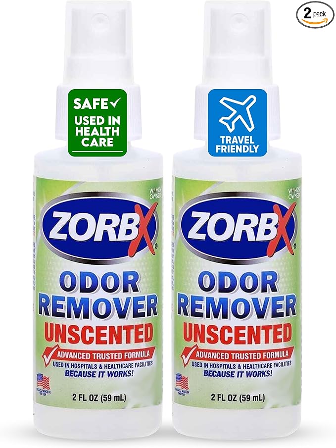 ZORBX Unscented Odor Eliminator Spray 2 Oz 2-Pack, Hospital-Grade | Permanent Odor Remover for Pet & Human Urine, Smoke & Strong Odors, Car, Office, Gym Bag, Purse, Luggage, Bathroom & More