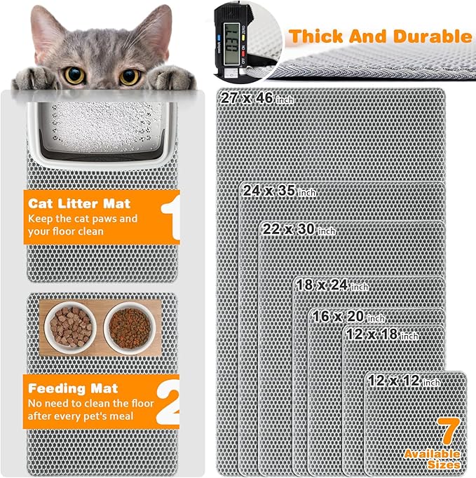 Cat Litter Mat 16"x20",Double Layer EVA litterbox Mat, Gray | Waterproof honeycomb large grid, urine-proof and odor-free. Traps litter, easy cleanup,Washable, non-slip backing