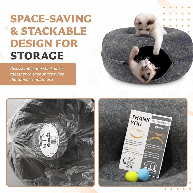 MeowMansion - Indoor Cat Tunnel Bed - Scratch Resistant Peekaboo Cave Donut Shape - Multifunctional Playground, Caves, Toys (Grey)