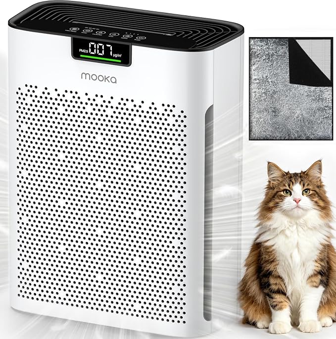 MOOKA Air Purifier for Home Bedroom Large Room 2200 Ft², True HEPA Filter | Washable Pre-Filter, Auto Mode, Quiet Sleep Mode, Air Quality Monitor, Air Cleaner for Pet Dust Smoke Pollen, KJ190H White
